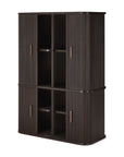 The Roller Max Filing Cabinet by Ethnicraft is a tall, dark brown wooden storage solution featuring two sections—each with four central open shelves and ribbed doors accented by long vertical handles on either side. With its rounded corners and smooth surfaces, this filing cabinet offers a modern yet timeless design, reminiscent of Ethnicraft’s signature office storage style.