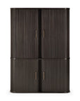 Introducing the Roller Max Filing Cabinet by Ethnicraft—a tall, dark wood cabinet distinguished by its four vertical doors with slim, vertical handles. Featuring a ribbed texture and rounded edges, this piece blends stylish modern design with superb functionality, making it an elegant choice for office storage or as a refined filing cabinet. Inspired by Ethnicraft’s renowned craftsmanship, the Roller Max Filing Cabinet offers timeless appeal for any contemporary workspace.
