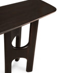 Ethnicraft Flow Console | Mahogany Rose Brown table with a dark brown finish, smooth rounded tabletop, and arched, cutout legs.