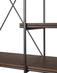 Close-up of the Ethnicraft Oscar Hanging Rack, featuring FSC-certified teak shelves and black metal supports. The X-shaped frame highlights its unique structure with two shelves, reflecting the collection’s elegant design.