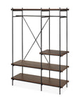The Oscar Hanging Rack by Ethnicraft features a black metal frame, five dark FSC-certified teak shelves, and an open design with a stabilizing back crossbar.