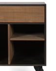 A close-up of the Ethnicraft Oscar Drawer Unit - Teak - Black shows its textured solid teak upper drawer and open shelves below in a contrasting black finish.