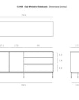Technical drawing of the Ethnicraft Whitebird Sideboard - 71, showing front, side, and top views with dimensions in inches and key measurements. Part of the elegant Whitebird collection made from solid oak.