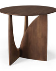 The Ethnicraft Geometric Side Table features solid varnished teak in a rich dark brown, with an asymmetrical base of intersecting flat panels and a curved cutout for a striking geometric look.