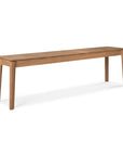The Ethnicraft Bok Outdoor Bench - Natural Teak features a long, rectangular shape, four straight legs, visible wood grain, and a smooth natural finish with simple modern design.