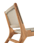 Close-up of the Ethnicraft Jack Woven Outdoor Lounge Chair, showcasing its sturdy wooden frame and light rope Italian weave backrest and seat, set against a plain white background.
