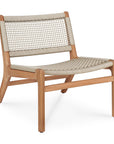 The Jack Woven Outdoor Lounge Chair by Ethnicraft features a light wooden frame and woven beige Italian weave seat and backrest, showcasing a modern, minimalist design.