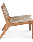 Side view of the Ethnicraft Jack Woven Outdoor Lounge Chair with a light wooden frame and beige Italian weave seat and backrest, highlighting clean lines and an angled, modern profile.