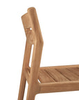 A close-up side view of the Ethnicraft Jack Outdoor Dining Chair - Teak (without armrest), showing its slatted seat and angled backrest in solid teak, set against a white background.