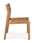 Side view of the Ethnicraft Jack Outdoor Dining Chair - Teak (without armrest) featuring a slatted seat, square legs, and straight backrest in solid teak with a natural finish.