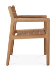 Side view of the Ethnicraft Jack Outdoor Dining Chair - Teak (with armrest), showcasing minimalist design, solid teak construction, slatted seat, angled backrest, and wide armrests for classic European elegance.