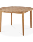 The Ethnicraft Bok Outdoor Round Dining Table in natural teak features a smooth, slatted top and four straight legs, displayed against a white background.