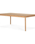 The Ethnicraft Bok Outdoor Extendable Dining Table in natural teak, crafted from FSC certified wood, features a smooth rectangular surface and four tapered legs, shown on a white background.