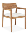 The Jack Outdoor Dining Chair - Teak by Ethnicraft features a light brown solid teak frame with armrests, a white cushioned seat, an open-style backrest, and straight legs for classic European sophistication.