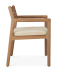 Side view of the Ethnicraft Jack Outdoor Dining Chair - Teak (with armrest), showcasing solid teak, light beige outdoor fabric seat, clean lines, rectangular seat, and a minimalist open-back design inspired by classic European style.