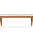 The Ethnicraft Bok Outdoor Bench in natural teak features a light cushioned seat and four tapered legs, crafted from solid teak, shown against a plain white background.