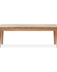 The Bok Outdoor Bench - Natural Teak by Ethnicraft is crafted from solid teak with four legs and a light beige cushioned seat, shown from the front against a white background.