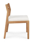 Side view of the Ethnicraft Jack Outdoor Dining Chair - Teak (without armrest), featuring a light-colored outdoor fabric seat, straight backrest, minimalist design, and a natural solid teak finish.