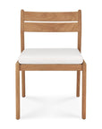 The Jack Outdoor Dining Chair - Teak (without armrest) by Ethnicraft features a simple modern design with a light solid teak frame, two horizontal back slats, and a white cushioned seat, shown front-facing against a plain white background.