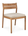 The Ethnicraft Jack Outdoor Dining Chair - Teak (without armrest) features a horizontal slat backrest and cushioned beige outdoor fabric seat, and is displayed at an angle against a plain white background.