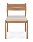 The Ethnicraft Jack Outdoor Dining Chair - Teak (without armrest) features a light brown solid teak frame, two horizontal backrest slats, and a cushioned beige outdoor fabric seat, shown front-facing on a white background.