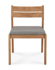 The Ethnicraft Jack Outdoor Dining Chair - Teak (without armrest) showcases a minimalist design with a light solid teak frame, flat horizontal backrest, and gray cushioned seat, shown here against a white background.