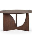 The Geometric Dining Table - Brown Teak by Ethnicraft is crafted from FSC-certified teak with a smooth dark brown top and intersecting curved panels, bringing sculptural style and clean lines to your dining space.