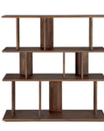 The Ethnicraft Irregular Rack - Teak is a modern bookshelf with three wide shelves and vertical dividers in an asymmetric, open design, crafted from FSC-certified teak and finished in dark brown. Shown empty against a plain white background.