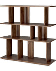The Ethnicraft Irregular Rack - Teak is a modern wooden bookshelf with four shelves and staggered vertical dividers, forming open rectangular compartments. Crafted from FSC-certified teak, its perfect for stylish storage or display.