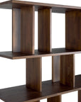 A close-up of the Ethnicraft Irregular Rack - Teak shows thick FSC-certified teak panels forming open compartments in a modern design with a rich, dark finish, standing out against a white background.