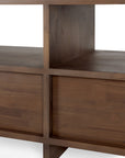 A close-up of the Kabuki TV Cupboard by Ethnicraft, featuring FSC-certified teak, open compartments, a smooth dark brown finish, clean lines, and a minimalist modern design.