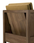 A close-up of the back of the Roan Lounge Chair | Amber by Ethnicraft shows two angled, olive-green seat cushions visible above the frame. The solid teak wood features a smooth, polished finish and clean, modern lines.