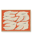 The PSTR Studio Olivia Leino - Blooming Season framed print showcases four stylized white birds with black accents on an orange background—perfect for adding narrative visual appeal to any space.
