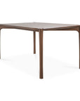 The Ethnicraft Pi Dining Table - Teak Brown is a rectangular FSC-certified teak table with a smooth surface, rounded edges, slightly curved sturdy legs, and minimalist modern design.