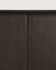Close-up of two Ethnicraft PI Sideboard solid teak doors, showcasing visible wood grain and a narrow gap. The surface features a smooth, matte finish.