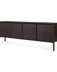 The Ethnicraft PI Sideboard in solid teak features four cabinet doors and slim rounded legs, offering modern style and three size options, shown here against a white background.