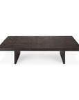 The Grooves Coffee Table by Ethnicraft features a rectangular dark wood design, crafted from FSC-certified teak with a smooth flat top and two wide legs at each end, shown against a white background.