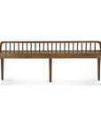 The Spindle Bench - Natural Teak by Ethnicraft features a modern design with a backrest of evenly spaced vertical slats and four tapered legs, crafted from beautiful reclaimed teak.