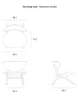 Line drawings display front, top, and side views of the Ethnicraft Eye Lounge Chair - Mahogany with key dimensions (height, width, depth) in inches. The chair has a curved design with armrests, and main measurements are clearly labeled.