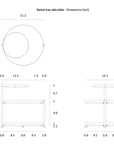 Technical drawing of the Ethnicraft Swivel Tray Side Table, showing top, front, and side views with dimensions in inches, including detailed height and shelf spacing measurements.