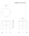Line drawings show the Ethnicraft Pi Side Table - Oak with a round 18.5 top, height of 19.7, and four legs. Side and front views display detailed leg measurements in inches.