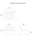 Minimalist line drawing of the Ethnicraft N701 Modular Sofa - Ecru (Eco Fabric) 1-seater, showing top, front, and side views. Dimensions: 31.5" W x 35.8" D x 30" H; seat height: 16.9".