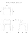 Line drawings of the Ethnicraft Bok Dining Chair - Oak with Warm Grey Fabric, showing front, side, and top views. Dimensions in inches: height 29.9, width 19.7, depth 21.3, seat height 18.9 are labeled.