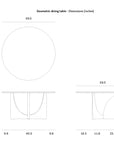 Technical drawing of the Ethnicraft Geometric Dining Table - Brown Teak with top and side views, showing its 59 diameter and 30 height in inches, along with detailed base measurements.
