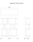 Line drawing of the Ethnicraft Irregular Rack - Teak, made from FSC-certified teak. Labeled in inches: width 44, height 45.5, depth 14.5. Side and front views display shelf heights, base width, spacing. Title and Ethnicraft logo at top.