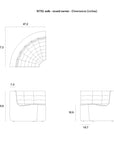 Technical drawing of the Ethnicraft N701 Modular Sofa - Ecru (Eco Fabric) round corner, with top (47.2"x47.2"), height (29.9"), seat depth (19.7"), and seat height (16.9"); includes top, front, and side views with dimensions in inches.