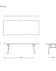 Black and white line drawing of the Mars Live Edge Dining Table - Walnut with Wood Legs by SOBU, showing top, side, and end views with measurements. The rectangular walnut table has a wavy edge. SOBU branding appears in the bottom right corner.