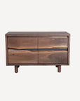 The SOBU Jupiter Sideboard - Walnut 2-Door features a modern, live-edge design with prominent wood grain, two soft-close doors, and stands on four cylindrical legs. 02 is displayed in the bottom right corner.