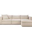 The Ethnicraft Mellow Modular Sofa in off white, crafted with European expertise and stain-resistant Italian fabric, features three seat cushions, a right-side chaise lounge, and two matching back cushions against a plain white background.