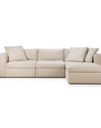 The Ethnicraft Mellow Modular Sofa in Off White is an L-shaped sectional with three seat and back cushions, a right-side chaise, premium stain-resistant Italian fabric, and a modern minimalist design.